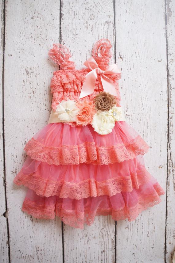 Wedding - Flower Girl Dress -Lace Coral Flower girl dress -Baby Lace Dress - Rustic -Country Flower Girl - coral flower girl dress - baby dress