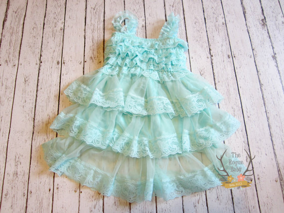 زفاف - Aqua Lace Dress - Baby Girl Dress - Petti Dress - Aquamarine Blue - Vintage Look - Flower Girl Dress 9 12 18  months Rustic Wedding