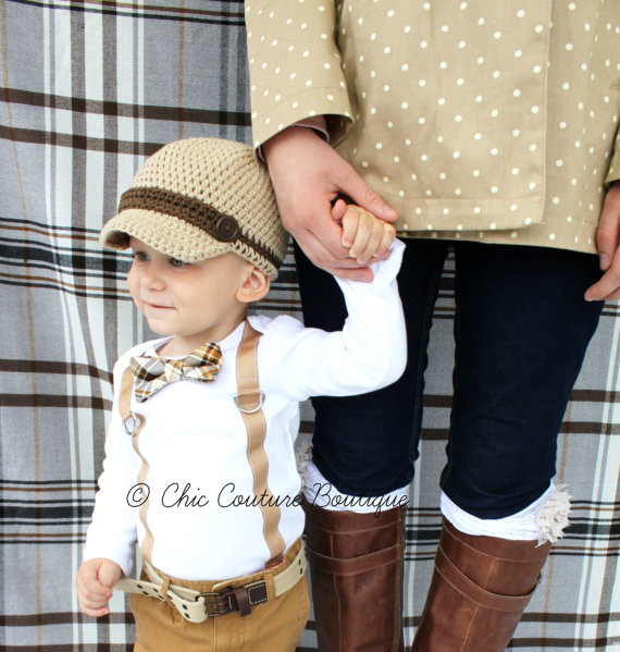 Wedding - Baby Boy Easter Spring Bow Tie & Suspenders Bodysuit. Brown, Tan, Chocolate Plaid. Mustache Cake Smash 1st Birthday Outfit