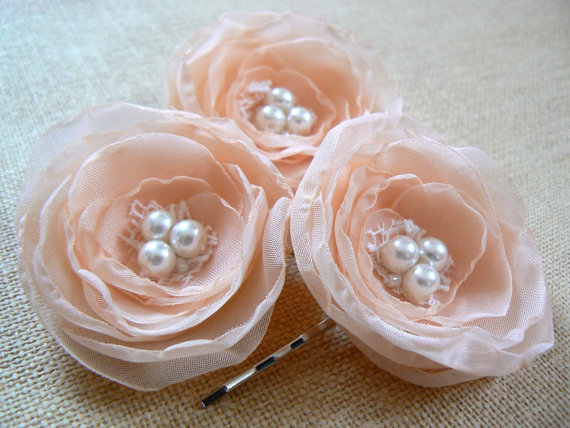 Hochzeit - Peach wedding bridal flower hair accessory (set of 3), bridal hairpiece, bridal hair flower, wedding hair accessories, bridal head piece