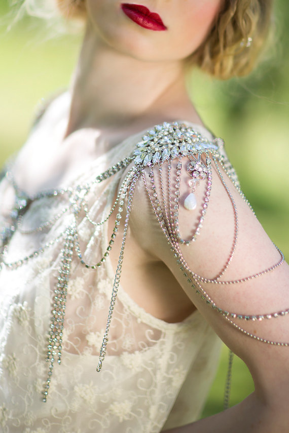 Hochzeit - Bridal Rhinestone Shoulder Jewelry , Crystal Epaulettes, Wedding Dress Accessory