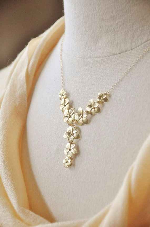 Hochzeit - Gold Y-Shaped Plumeria Bib Necklace - Statement Jewelry, Hawaii Beach Wedding, Delicate Dainty, Bridesmaids Special Gift, Mother's Day