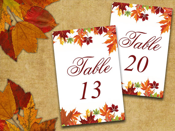 Свадьба - Table Number Cards Word Template - 4x6 Autumn Leaves Red Orange Green Fall Wedding Table Number - DIY Wedding Template