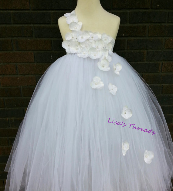Hochzeit - Handmade white flower girl dress/ Junior bridesmaids dress/ White Flower Girl/ Flower girl pixie tutu dress/ Rhinestone tulle dress