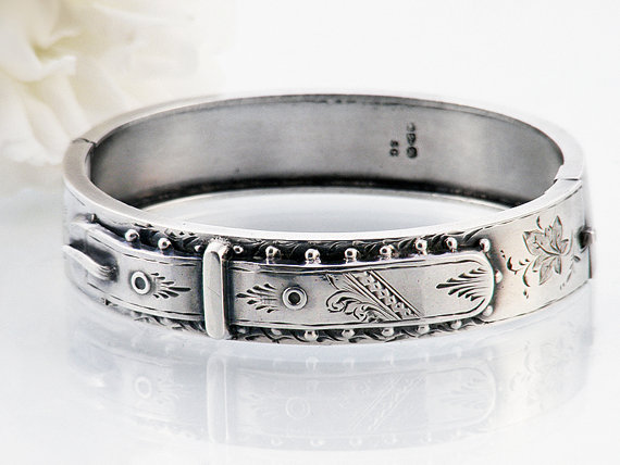 Wedding - 1888 Victorian Sterling Silver Bangle Bracelet / Belt Buckle Bracelet / Hinged Antique Cuff Engraved Silver Bangle with English Hallmarks