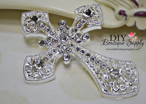 زفاف - Silver CROSS Crystal Brooch Component FLATBACK - Wedding Brooch Rhinestone Brooch Bouquet - Bridal Brooch Sash Pin 70mm 659220