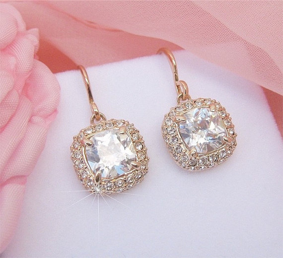 Mariage - Rose Gold Bridal Earrings, Crystal Wedding Earings, Bridal Jewellery CZ Dangle Earrings