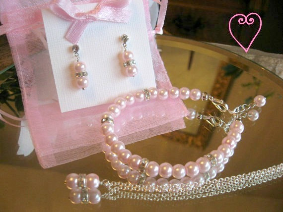 زفاف - Custom Flower Girl Jewelry Pink Pearl and Swarovski Rhinestone Necklace-Bracelet and Earring Set - Wedding Special