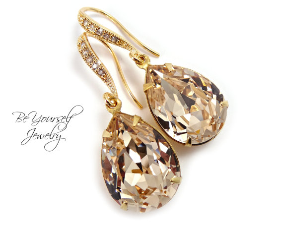 Hochzeit - Champagne Bridal Earrings Teardrop Dangle Earrings Swarovski Crystal Light Silk Earrings Gold Sparkly Earrings Light Peach Bridesmaid Gift
