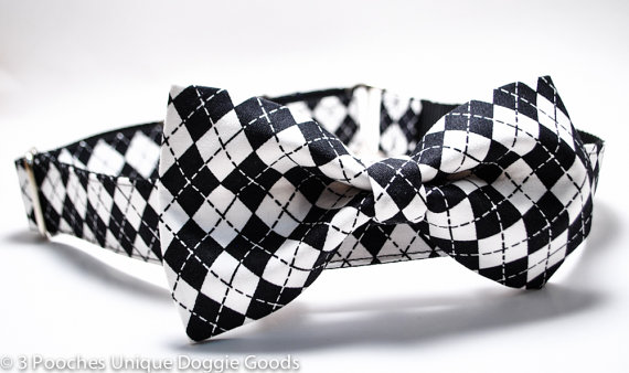 زفاف - Black White Argyle Dog Collar, Bow Tie Collar, Wedding Collar, Removable Bowtie