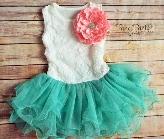 زفاف - White & Caribbean green Toddler Girls Tutu Dress,  Spring Dress, Flower Girl dress, Easter Dress Outfit, Birthday Dress, Beach Wedding