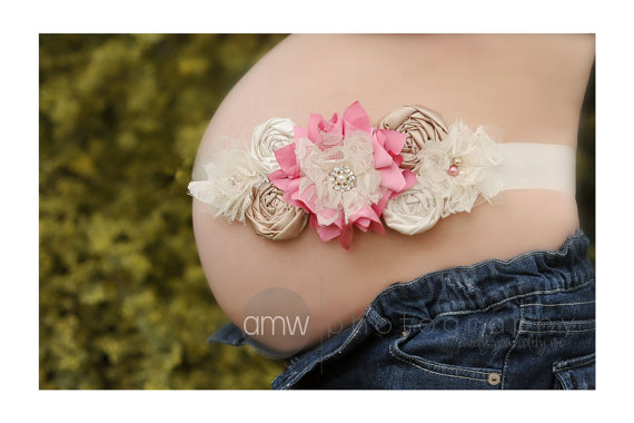 Hochzeit - Pink and Cream Maternity Sash, Belly Bands, Bridal Sashes, Wedding Sash, Newborn Sash, Photography Prop