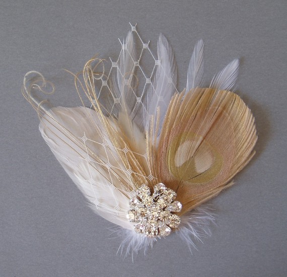 Hochzeit - Bridal Hair Piece Wedding Accessory Ivory Champagne Peacock Feather Head Piece headpiece Fascinator