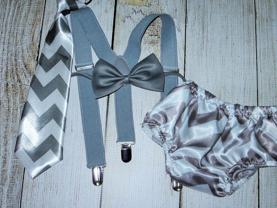 Hochzeit - First Birthday Boys Neck Tie Suspenders Diaper Cover Bow Tie Satin Gray Chevron Bloomers Baby  Infant Toddler Kids Cake Smash Outfit