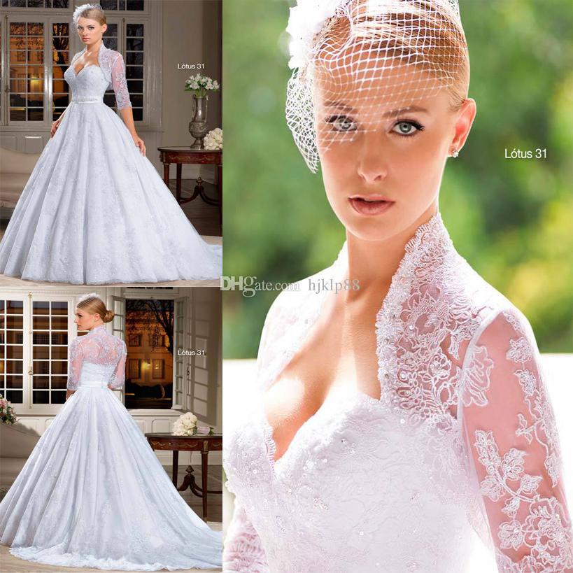 Wedding - 2014 Vestidos De Novia Vintage Two Piece Tulle Ball Gown Wedding Dresses with Detachable Half Long Sleeves Lace Boleros Sheer Appliques Gown Online with $124.98/Piece on Hjklp88's Store 