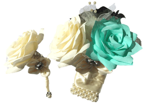 Wedding - Custom boutonniere corsage bouquet and flower package, Toss bouquet, Wedding corsages, Paper Boutonnieres, Mother's corsages