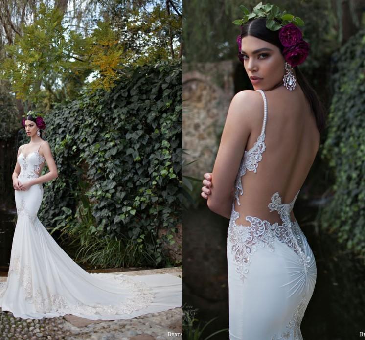 Mariage - New Custom Made Backless Wedding Dress Berta Bridal Gowns 2015 Sexy Spaghetti Sleeveless Mermaid Monarch Train Lace Appliaue Pearls Olesa Online with $120.16/Piece on Hjklp88's Store 