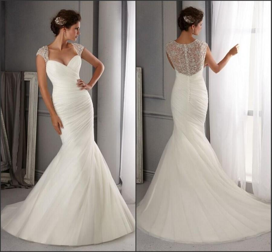 Wedding - Romantic Pleated Mermaid Wedding Dresses Sweep Train Cap Sleeve Tulle Bodice White Sheer Back Beads Sequins Bridal Gowns Dresses Custom Online with $108.85/Piece on Hjklp88's Store 