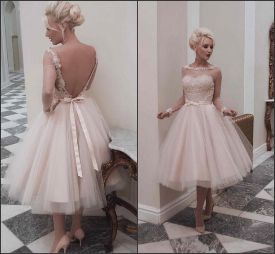 Wedding - Pink Short House of Mooshki Weddding Dresses Long Sleeve Illusion 2015 Sheer Sash Knee Length Tulle Wedding Ball Gown Bridal Gowns Backless Online with $90.31/Piece on Hjklp88's Store 