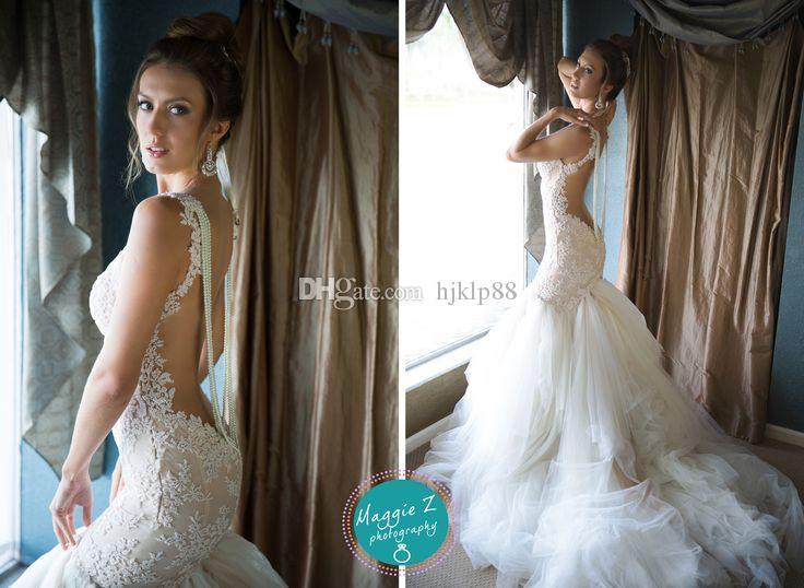 Hochzeit - Latest Galia Lahav 2015 Lace Wedding Dresses With Spaghetti Backless Beading Mermaid Court Train Tulle New Sexy Hot Glamorous Bridal Gowns, $121.47 