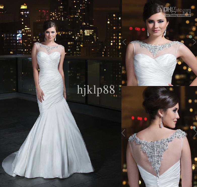 Hochzeit - Beautiful Luxury Beaded Crystal Illusion Bateau Neckline And Back Backless Mermaid Gown Bridal Dress Covered Button Wedding Dresses JA 9725, $113.09 
