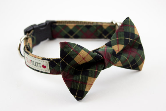 Wedding - Forest Green Plaid Bowtie Dog Collar