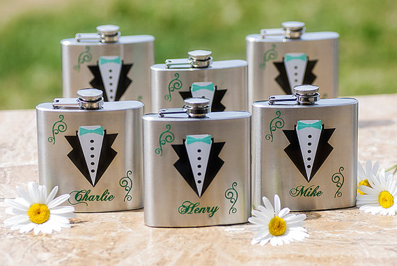 زفاف - Groom, Groomsmen, Best Man flask gifts, stainless steel 6 oz flasks, Green, Mint colors. Priced individually