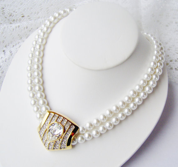 زفاف - Pearl necklace / Double strand / Wedding pearls / Bridal jewelry /Rhinestone