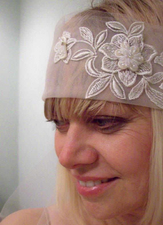 زفاف - Great gatsby inspired vintage tulle headband and veil with ivory lace and rhinestone side cluster hippie boho gypsy  wedding veil