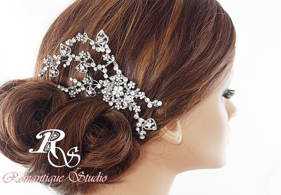 Wedding - Wedding hair piece bridal comb with leaf crystal spray, crystal bridal hair comb accessory, rhinestone hair vine 5132