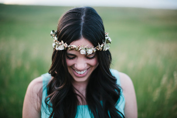 زفاف - White Gold Roses Floral Crown, flower crown, Woodland, autumn, fall, whimsical, boho, Hair Accessories, Bridal crown, Headpiece, Wedding