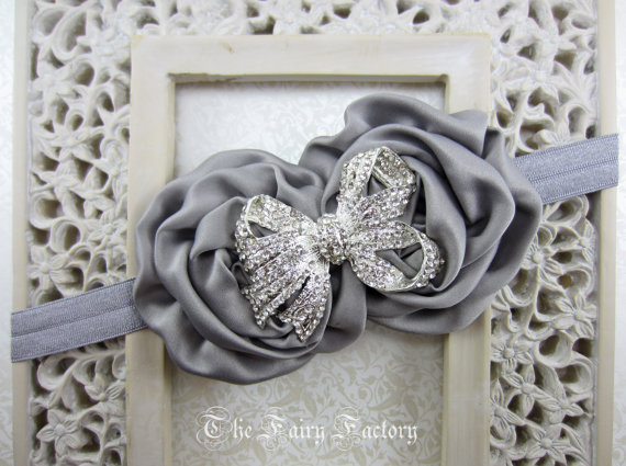 Hochzeit - Silver Gray Flower Headband, Gray Satin Rosette Duo w/ Rhinestone Bow Headband, Flower Girl Wedding, Baby Toddler Child Girls Headband