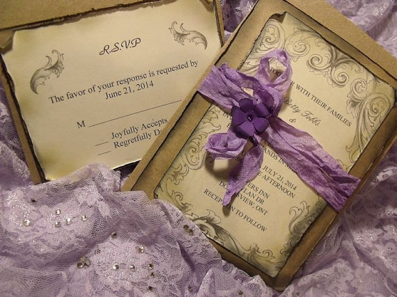 Hochzeit - Lavender / purple Wedding Invitation Suite/ Vintage inspired