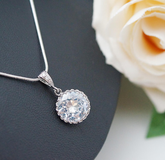 Wedding - Wedding Jewelry Bridesmaid Necklace Bridesmaid Jewelry Clear white round cubic zirconia Crystal drops Bridesmaid gifts