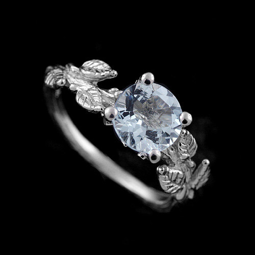Wedding - Hand Crafted Subtle Leaves Accent Round Aquamarine Gemstone Organic Unique Exceptional Delicate Engagement Ring 14k White Gold