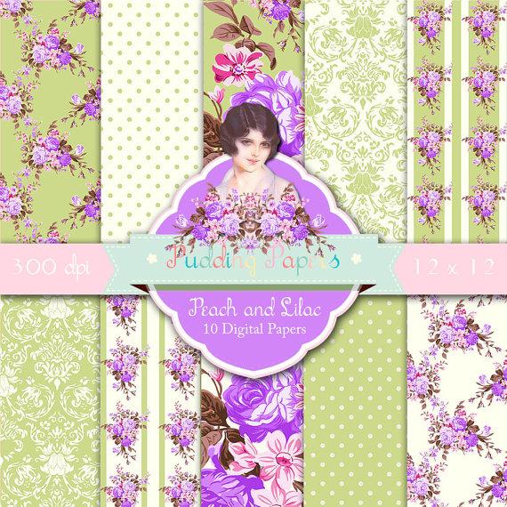 Mariage - Green and Lilac - Instant Download, Digital Paper, Scrapbook Paper, Shabby Chic, Floral Paper, Roses, Purple, Green, Wedding Invitations