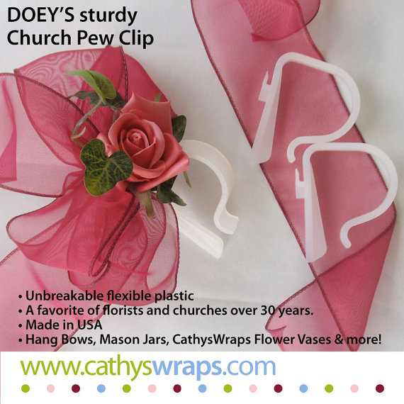 Wedding - Doey's HEAVY DUTY Pew Clips hold 5 lb flower vases & bows, mason jars, tissue paper flower poms to church pews without scratching. Set of 12