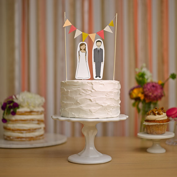 Wedding - Wedding Cake Topper Set - Custom Cake Bunting / Bride and/or Groom Cake Toppers