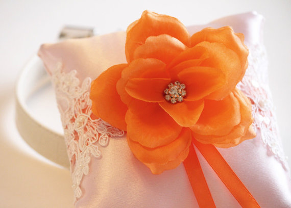 Wedding - Orange Pink Vintage Bohemian Wedding Ring Pillow,Ring Pillow attach to the Leather Collar, Ring Bearer Pillow, Pet wedding accessory