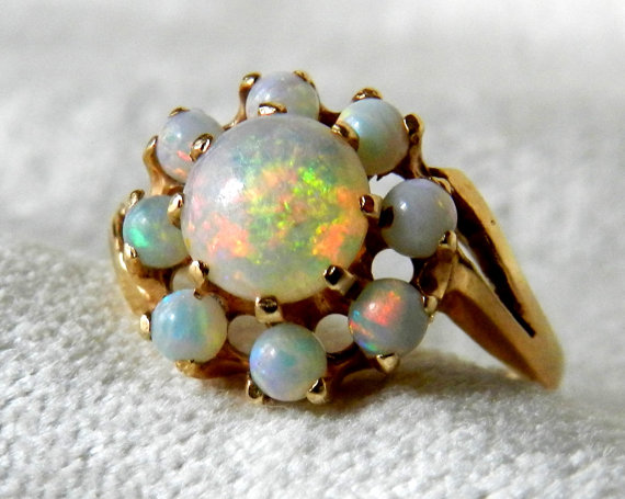 زفاف - Opal Ring, 1.8 Ct Australian Black Opal Art Deco Rainbow Opal Halo Engagement Ring 14K, October Birthday Valentines Day Gift