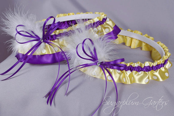 Hochzeit - Wedding Garter Set in Purple and Yellow Polka Dot Satin with Swarovski Crystals and Marabou Feathers