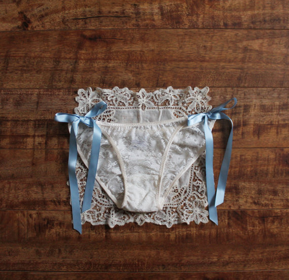 زفاف - Elegant Lace Bridal Panties 'Grace' Ivory Lace with Blue Ribbon Ties Handmade to Order