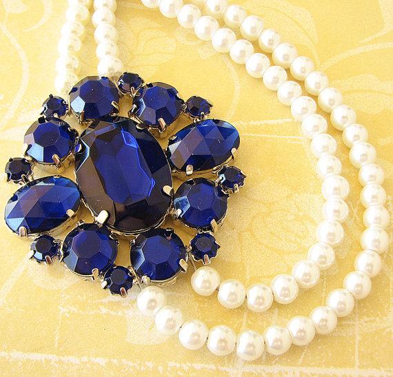 Свадьба - Blue Wedding Jewelry Navy Blue Bridal Necklace Bridal Jewelry Cobalt Blue Necklace Statement Bridal Rhinestone Necklace Double Strand Gift