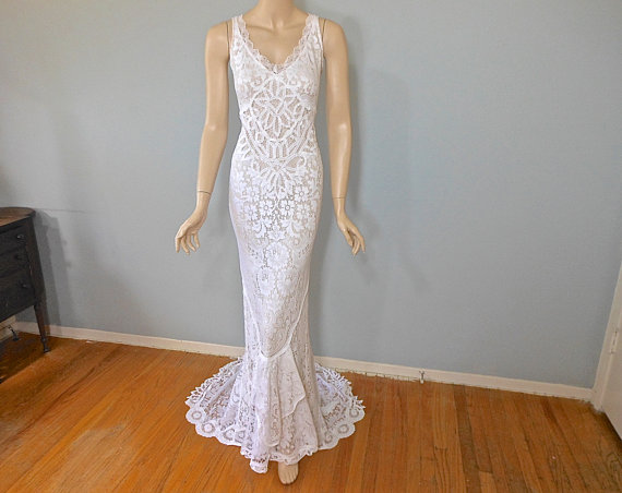 Wedding - Hippie BoHo wedding dress Lace Mermaid WEDDING Gown  BEACH Wedding Dress Sz Large