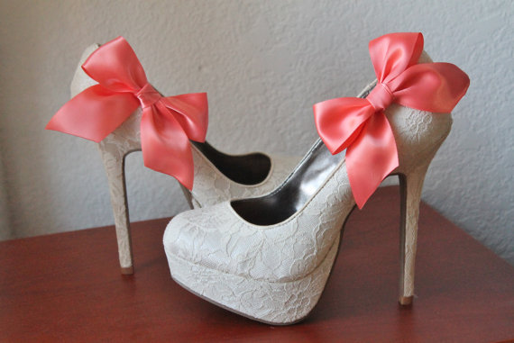 Wedding - Coral Ribbon Bow Shoe Clips - 1 Pair