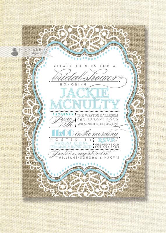 زفاف - Lace Burlap Bridal Shower Invitation Mason Jar Blue Robins Egg Shabby Chic Rustic Wedding Invite Pastel Printable Digital or Printed- Jackie