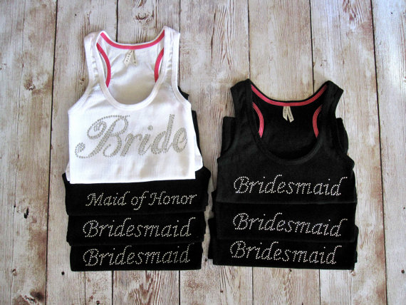 Mariage - 7 Bridesmaid Tank Top Shirt. Bride, Maid of Honor, Matron of Honor. Wedding Bridal Party Shirts. Custom Rhinestone Shirts. Bride Gift