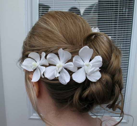 Wedding - Wedding hair accessories White orchid bobby pins set of 4 Bridal hair flowers