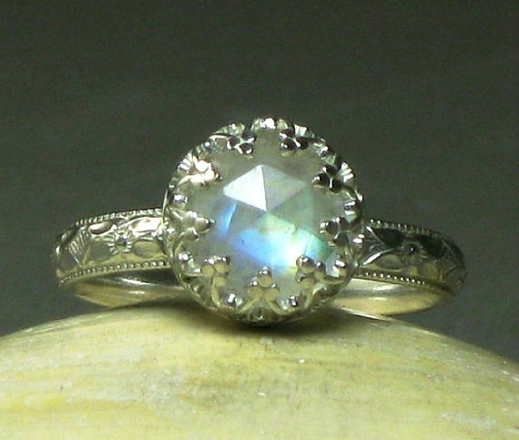 Hochzeit - Sterling Silver Rainbow Moonstone Engagement Ring, Fancy Bezel Setting, Rose Cut Gemstone