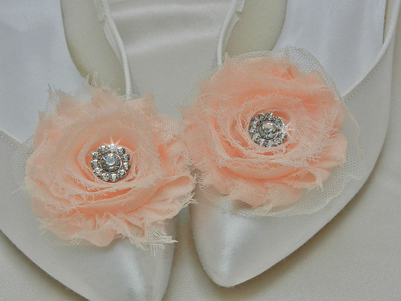 Mariage - Peach Wedding Shoe Clips with Rhinestone Accent Shabby Rose